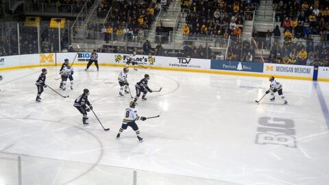 Ice hockey players in action on the rink