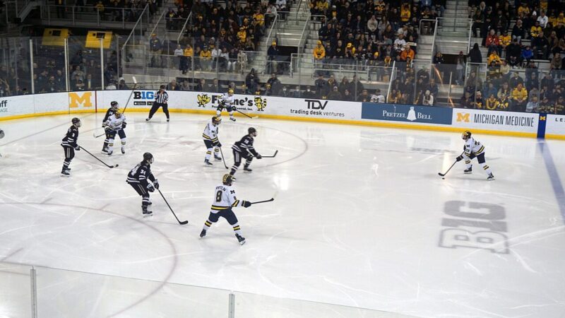 Ice hockey players in action on the rink during a game
