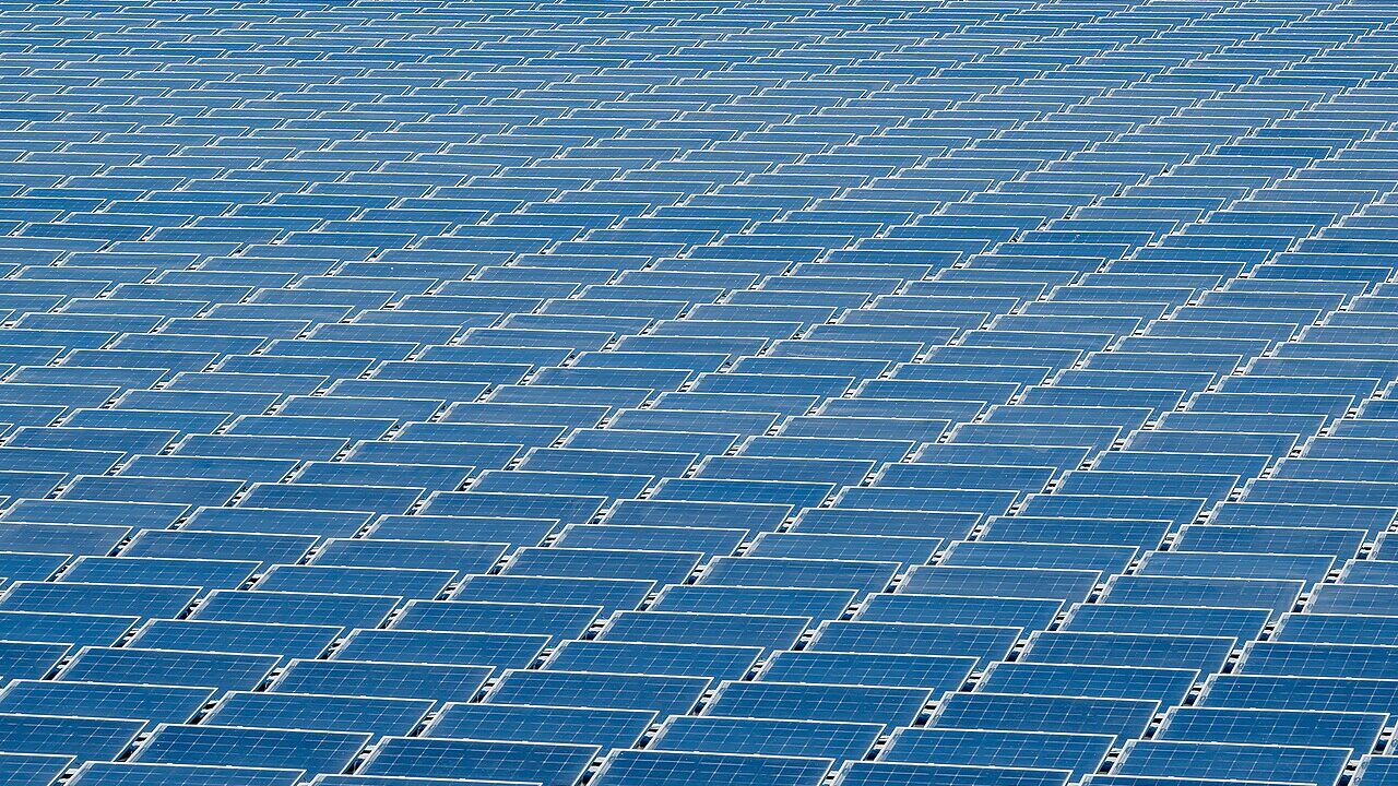 Rows of solar panels at a factory