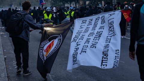 Protesters with banners during Paris demonstrations