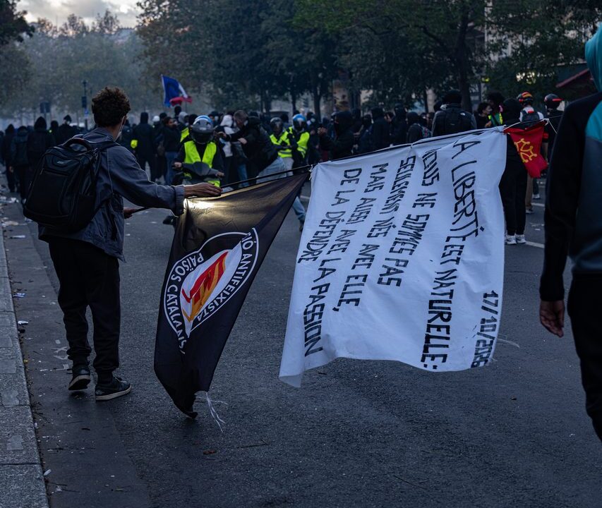 Protesters with banners during Paris demonstrations