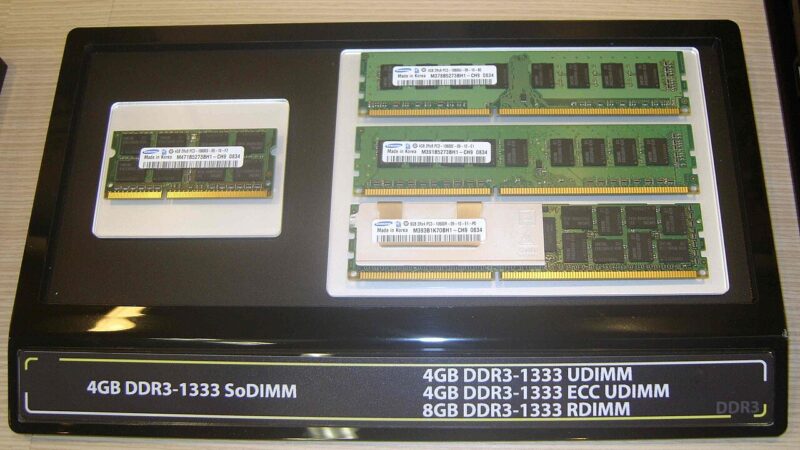 Samsung DDR3 DRAM memory modules on display stand